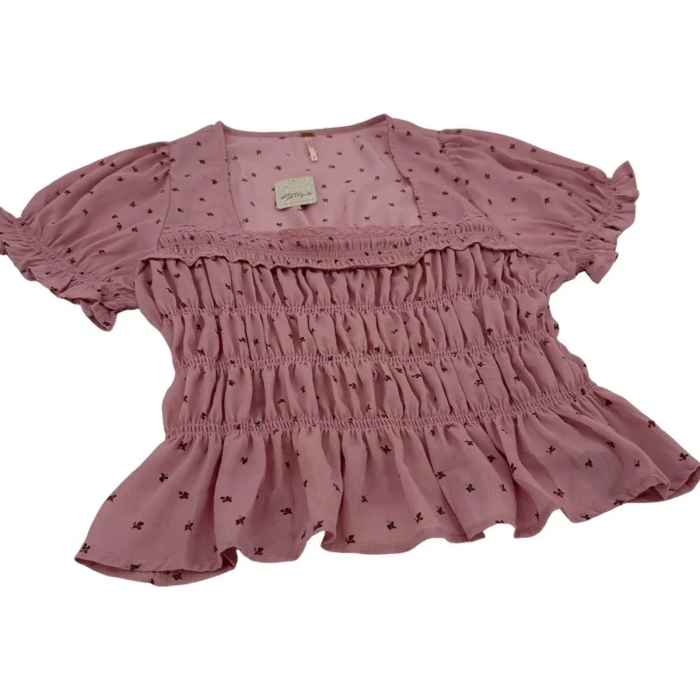 FREE‎ PEOPLE NWT Small Adore You Blouse Mauve Pink Floral Cottagecore Peplum Top